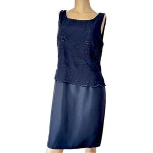 Adrianna Papell Silk Navy Floral Lace Beaded Embroidery Sheath Dress Formal 8